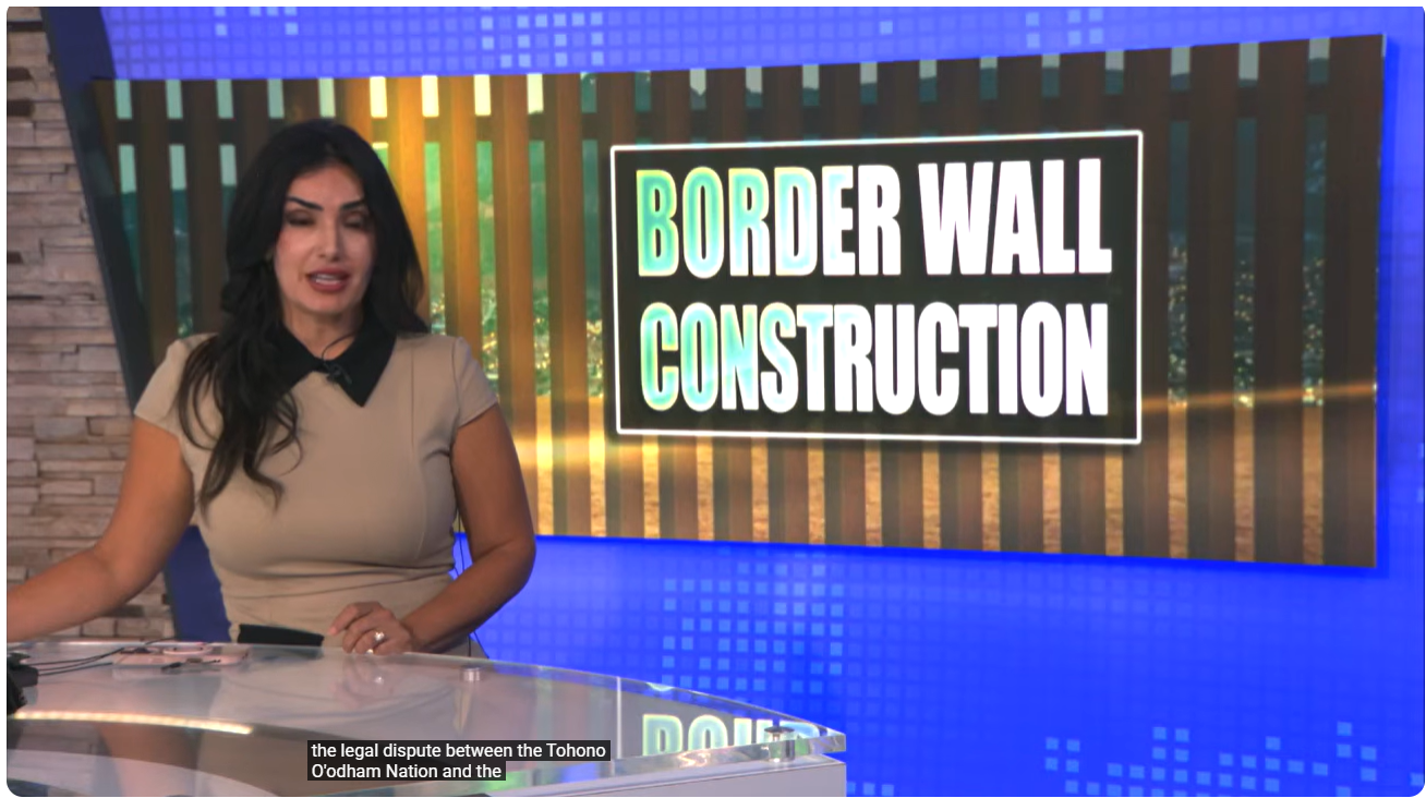 picture of newscaster in front of graphic that reads Border wall construction